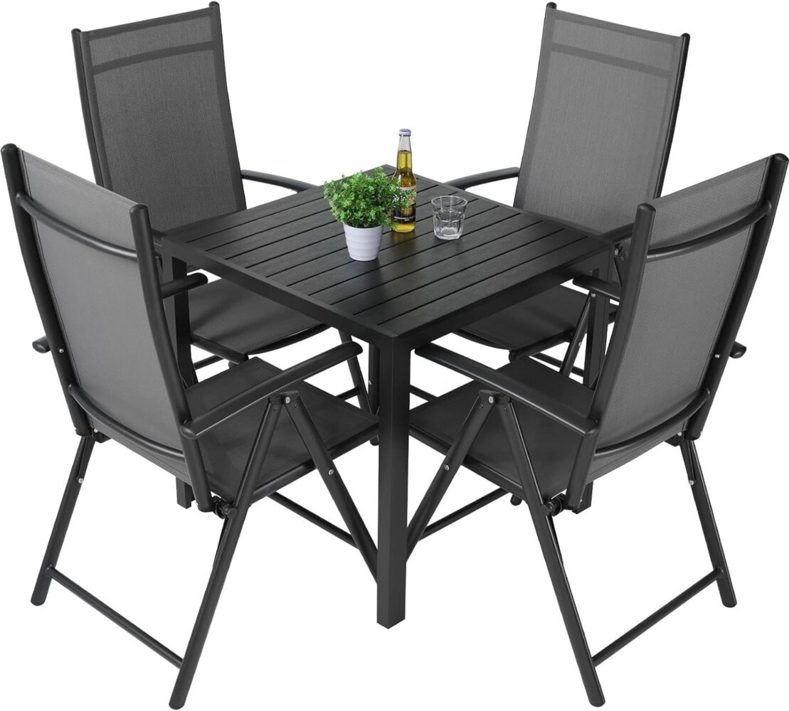 TLGREEN Gartenlounge-Set Gartenmöbel-Set,Balkonmöbel-Set,Aluminium-Sitzgruppe, (4pcs Aluminium Klappbar Hochlehner Gartenstuhl & WPC Quadratisch, 5-tlg), 4 x 7-fach Verstellbare Hochlehner-Klappstühle mit Tisch, Wetterfest Bild 1