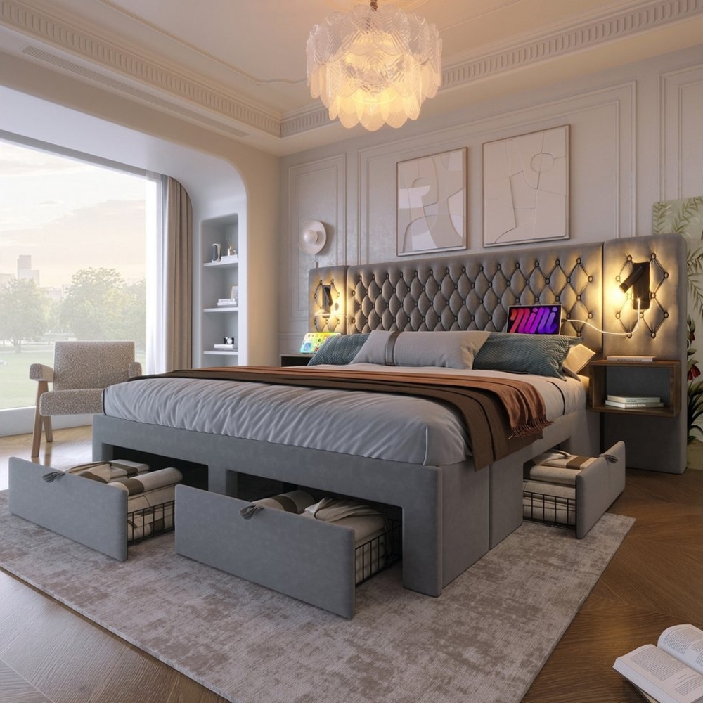 Flieks Polsterbett, Doppelbett 180×200cm mit 2 Nachttische 4 Schublade Leselicht USB-Laden Bild 1