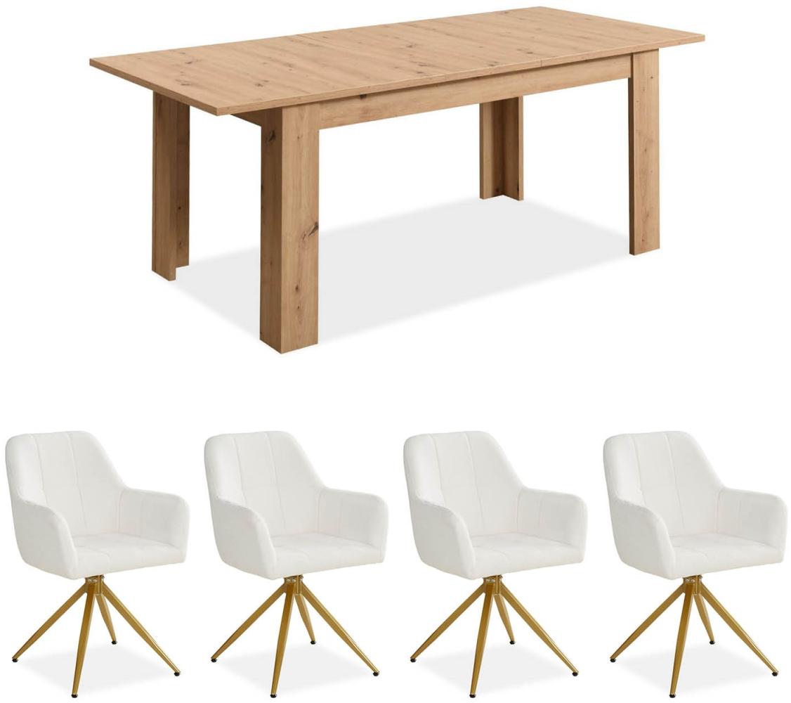 Set Esstisch mit 4 Stühlen, Bouclé Polsterstühle Beige, Küchentisch Modern Holz Eiche, Esszimmertisch Massiv, 160 x 90 cm Bild 1