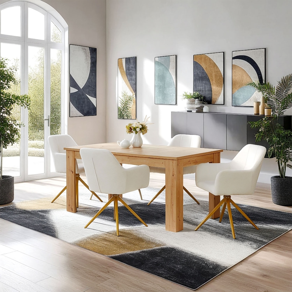 Set Esstisch mit 4 Stühlen, Bouclé Polsterstühle Beige, Küchentisch Modern Holz Eiche, Esszimmertisch Massiv, 160x90 cm Bild 1