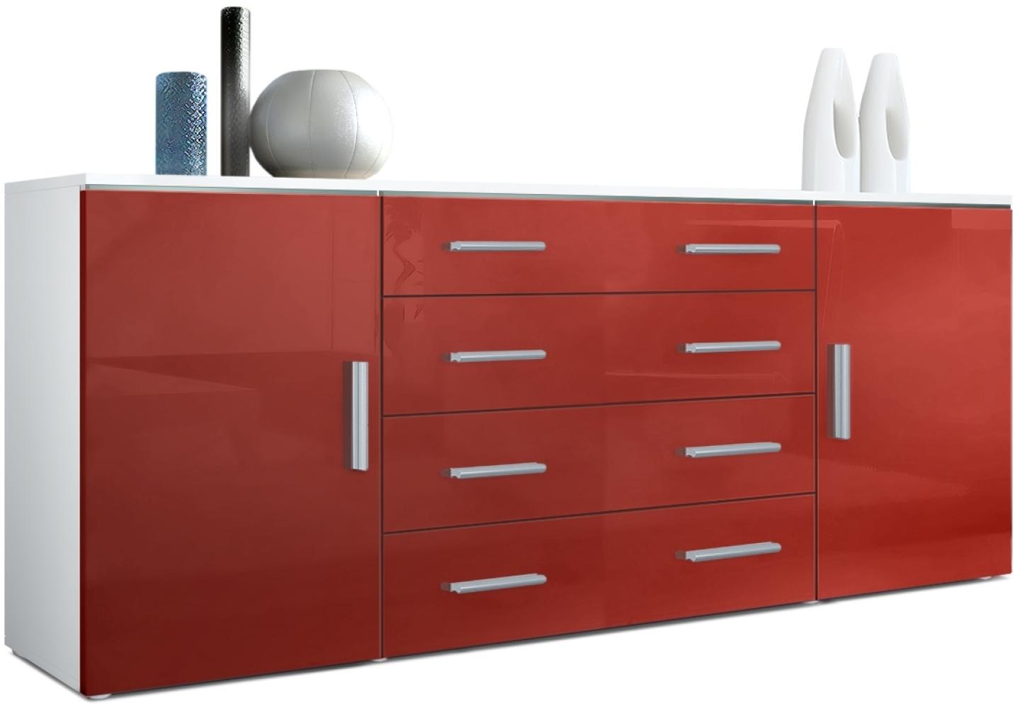 Vladon Sideboard Faro V2, Kommode mit 2 Türen und 4 Schubladen, Weiß matt/Bordeaux Hochglanz (166 x 72 x 35 cm) Bild 1