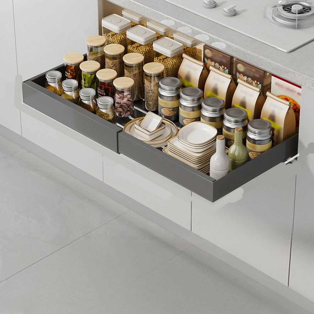 GarveeMore Küchenorganizer-Set Ausziehbarer Schrank-Organisator fixiert mit Klebefolie 32-52/43-68cm, Karbonstahl Schubladen ausziehen Schiebeschubladen Speisekammer Regal Bild 1