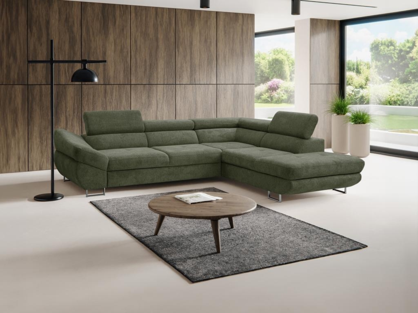 Vente-unique - Ecksofa mit Schlaffunktion - Ecke rechts - Strukturstoff - Grün - DALIAS Bild 1