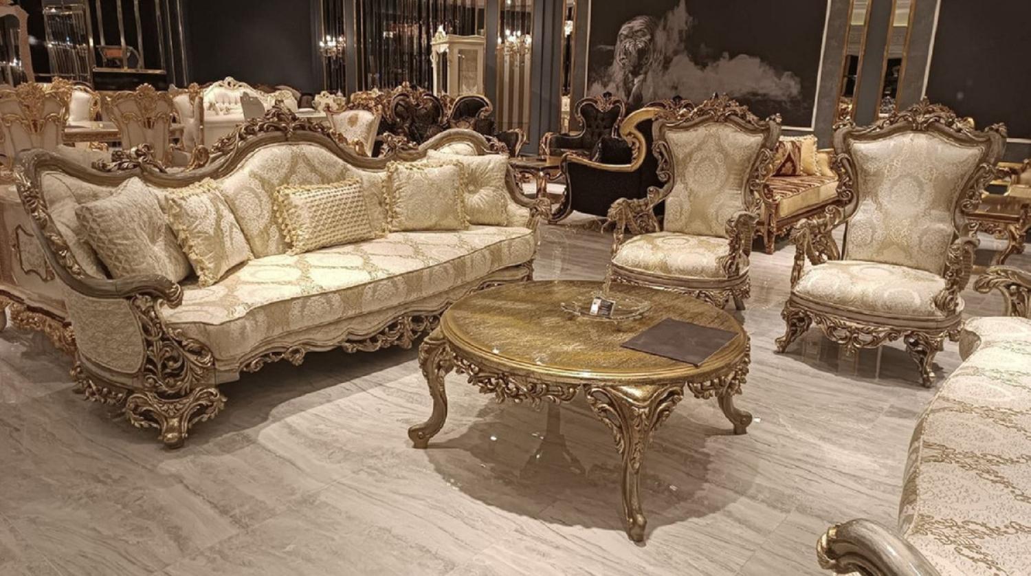 Casa Padrino Luxus Barock Wohnzimmer Set Gold / Grau - 2 Barock Sofas & 2 Barock Sessel & 1 Runder Barock Couchtisch - Luxus Wohnzimmer Möbel im Barockstil - Edel & Prunkvoll Bild 1