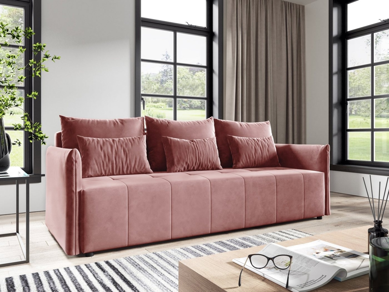 Schlafsofa Leno - Sofa mit Schlaffunktion und Bettkasten, Bettsofa mit Wellenfeder, Bettfunktion, Couch vom Hersteller, Couchgarnitur, Velours (Rosa (Kronos 29)) Bild 1