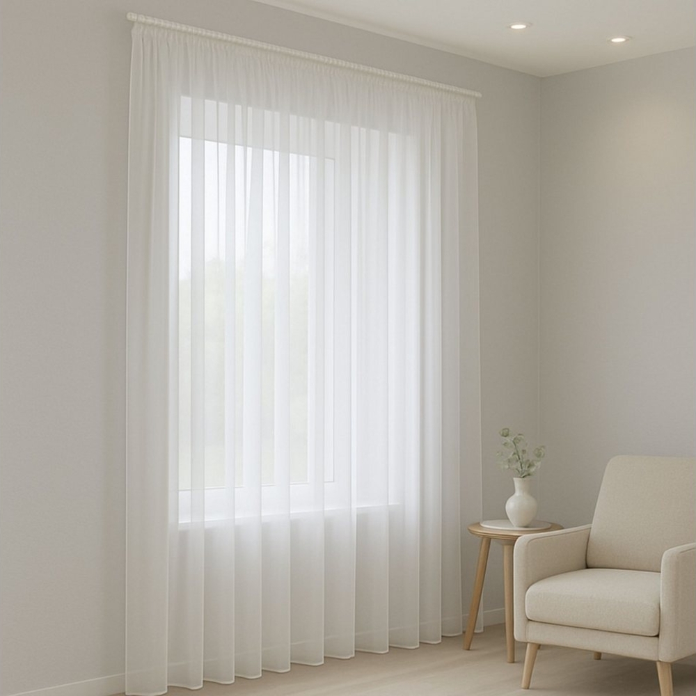 Gardinen by Justyna Gardine Gardine Voile Weiß mit Kräuselband und Bleiband (1 St), Kräuselband, halbtransparent, Fertiggardine,(Raffverhältnis 1:2),Halbtransparent,Pflegeleicht,Store Bild 1