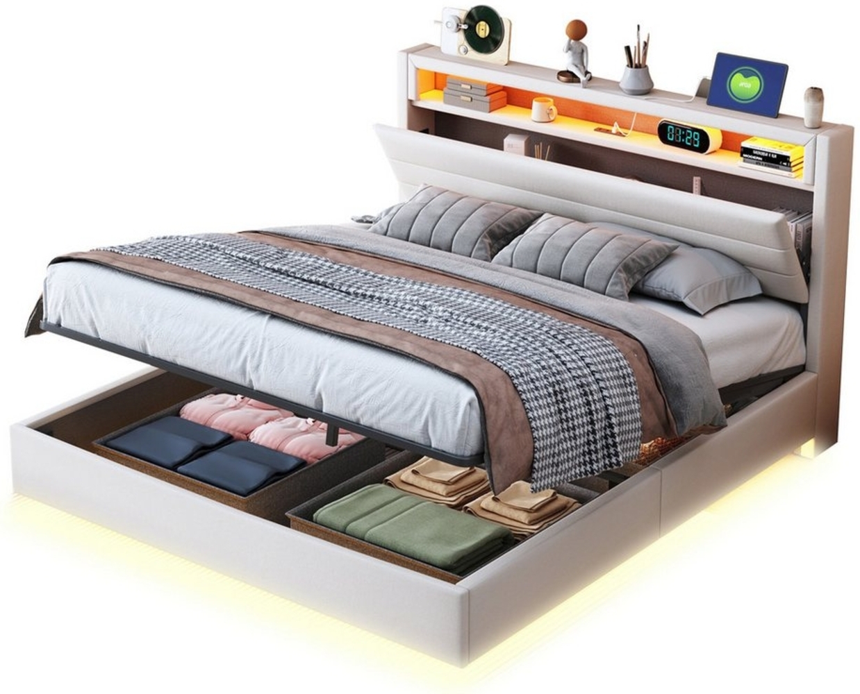 REDOM Polsterbett Doppelbett Kinderbett Stauraumbett Jugendbett Funktionsbett Gästebett (Multifunktionales Polsterbett,mit USB-Steckdose, LED-Beleuchtung & Hydraulischem Stauraum – Wendekopfteil, 140x200 cm), Ohne Matratze Bild 1