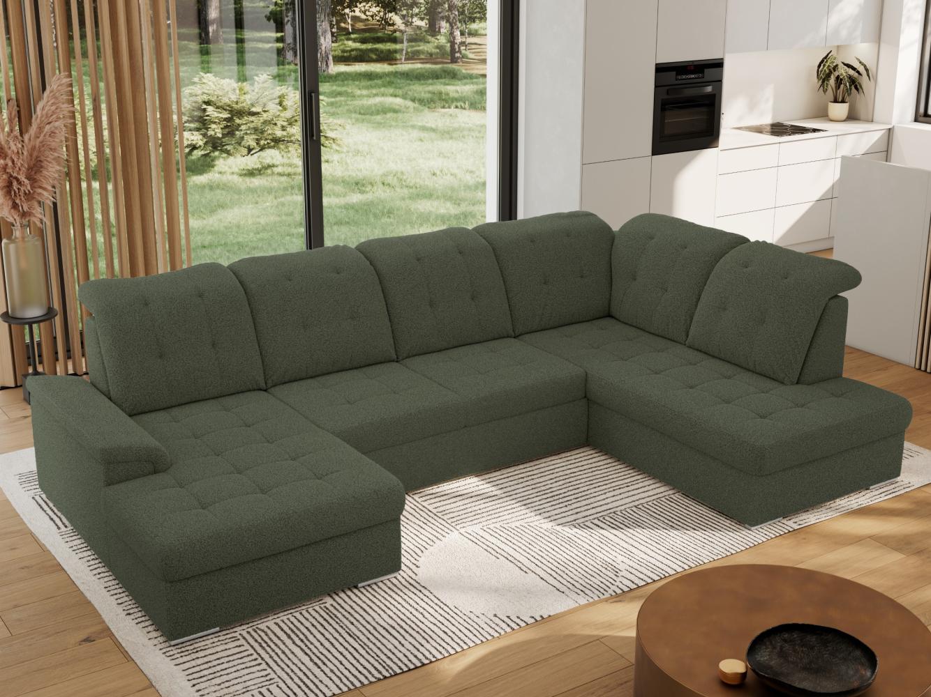 Ecksofa, Wohnzimmer U Couch, Polstersofa mit Bettkasten - MADRITO U - Grün Boucle - Rechts Bild 1