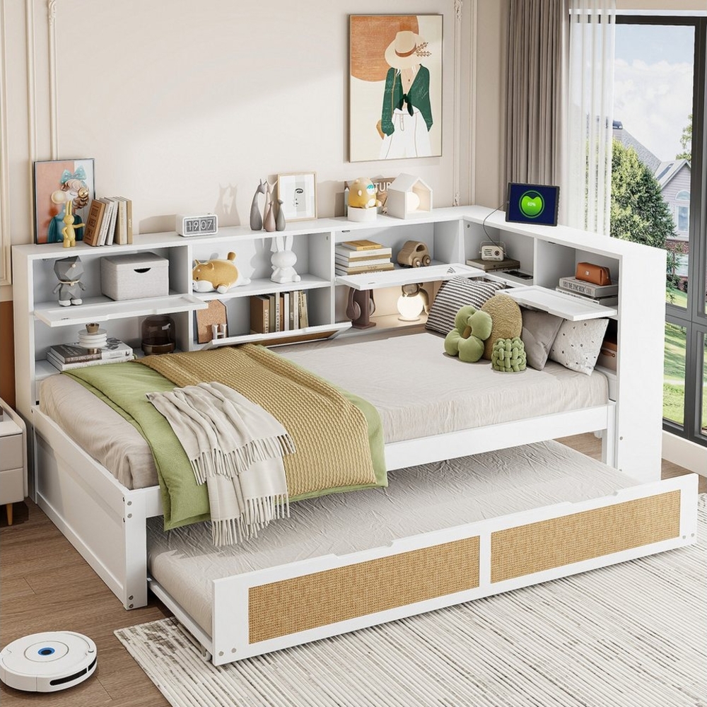 HAUSS SPOLE Schlafsofa 90x200 mit Ausziehbett, vielen Staufächern und Ladeanschluss Weiß, mit Ausziehbett, Stauraum & USB-Ladeanschlüssen – Weiß, für Kinderzimmer & Gästezimmer, ideal für kleine Räume & Familien, ohne Matratze Bild 1