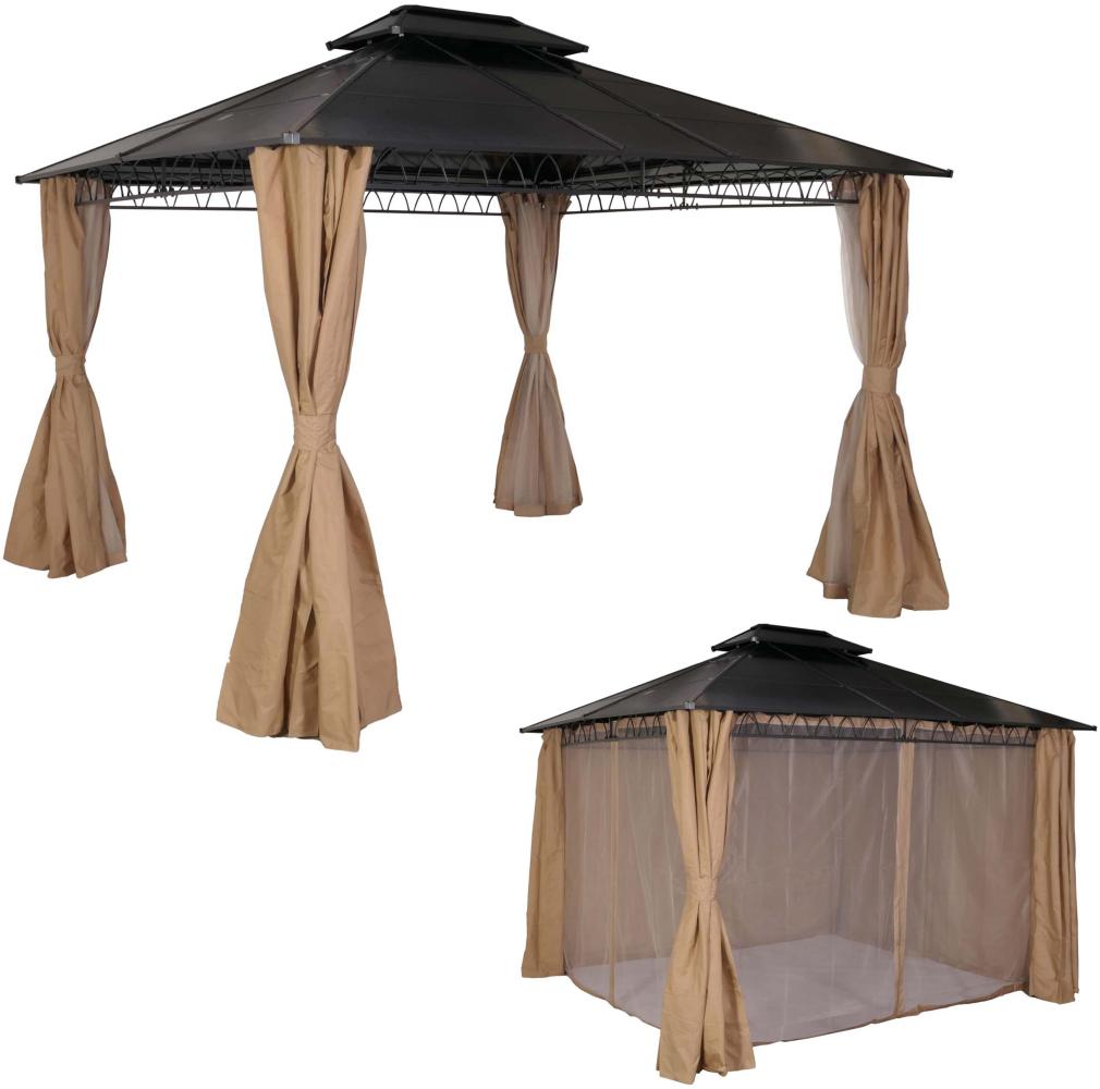 Hardtop Pergola HWC-M81, Pavillon, Aluminium Dachstreben 7cm-Stahlgestell mit Seitenwand und Moskitonetz 3,6x3m ~ creme Bild 1