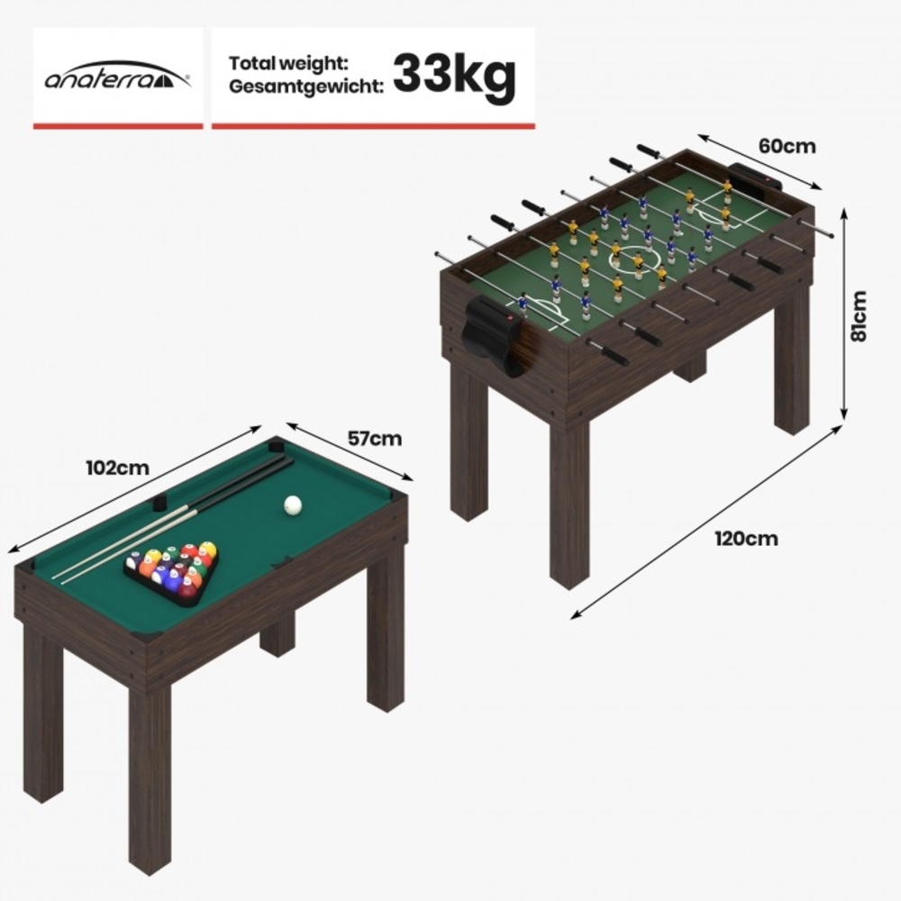 anaterra® Multigame Spieltisch - 9 in 1, Billard, Hockey, Tischtennis, Kicker, Shuffleboard, Würfelspiel, Schach, für Erwachsene/Kinder, Zubehör - Multispieltisch, Multifunktionstisch Spiel Bild 1