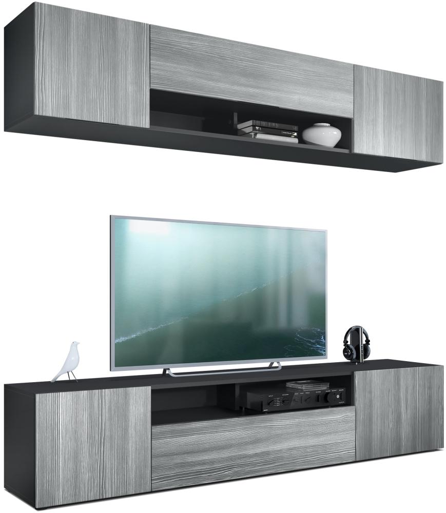 Vladon Wohnwand Mogan, Schwarz matt/Avola-Anthrazit - Moderne Anbauwand bestehend aus 2 TV-Boards (181 x 147 x 35 cm) Bild 1