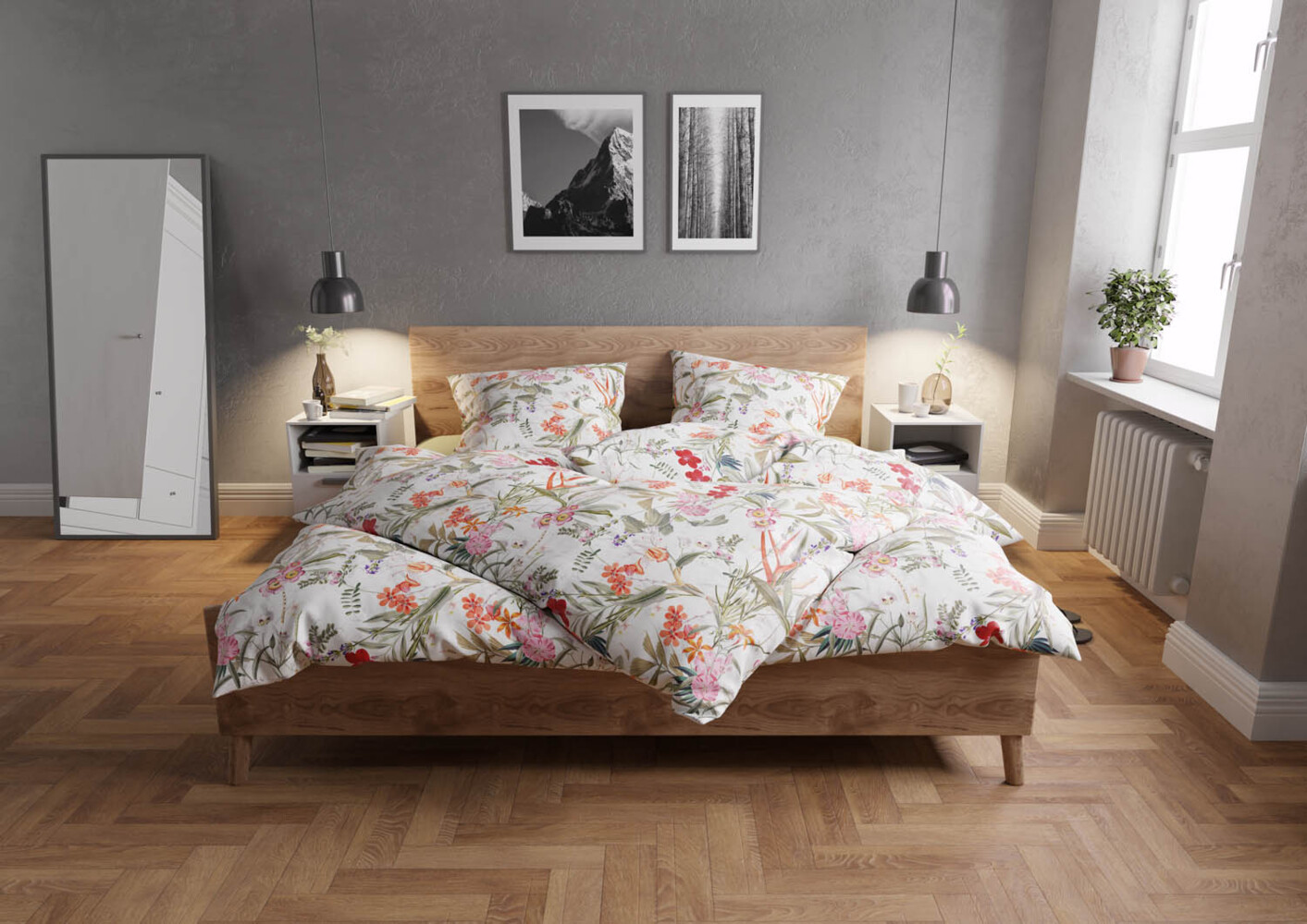 Mako Satin Bettwäsche Tropical Flowers weiß 140x200 + 70x90 Bild 1