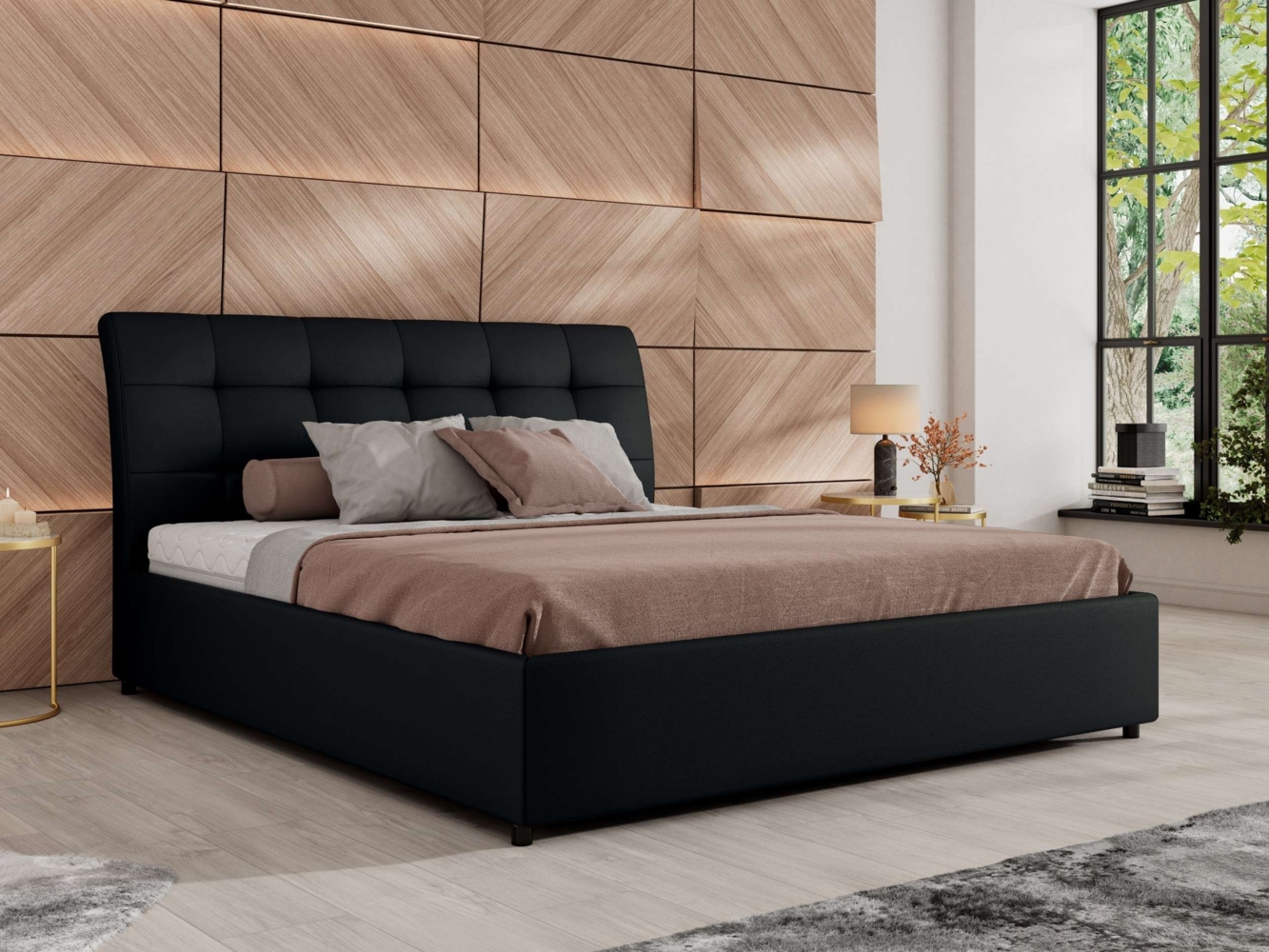 Polsterbett mit Lattenrost Gasfeder Doppelbett GALA CLASSIC gepolstert Kopfteil Bettkasten Multipocket Matratze - 160x200 cm - Schwarz Kunstleder - ELORI LUX Bild 1