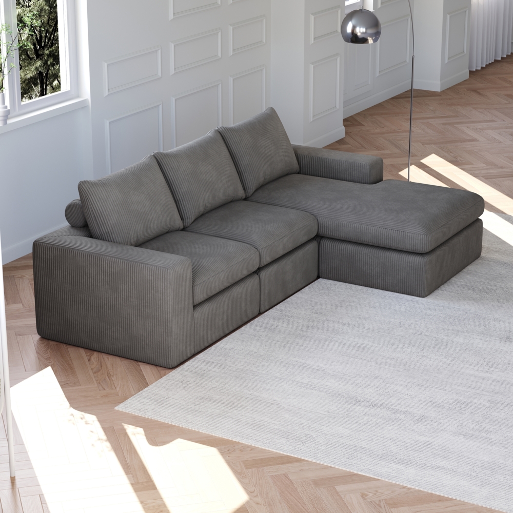 Sofa, Boneless Couch mit Chaiselongue L-förmiges gepolstertes Cordsofa mit drei Kissen keine Montage erforderlich, Cord, Grau Bild 1