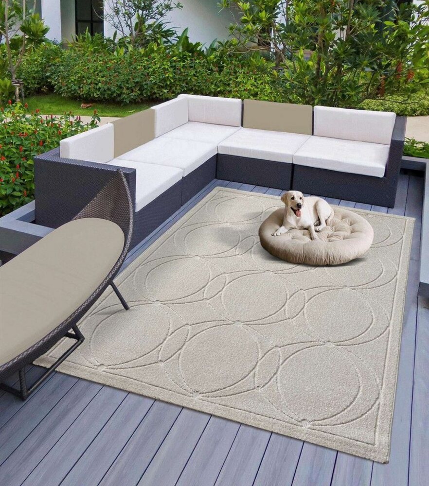 TaraCarpet Teppich Indoor & Outdoor Teppich Capri modernes Kreise Design, rechteckig, Höhe: 5 mm, Kurzflor creme In & Outdoor Balkon Terrasse Wohnzimmer 160x230 Bild 1