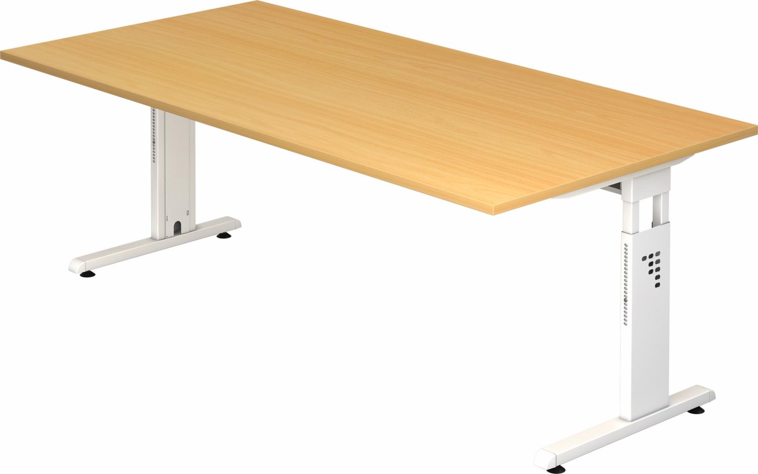 bümö höhenverstellbarer Schreibtisch O-Serie 200x100 cm in Buche, Gestell in weiß - großer PC Tisch für's Büro manuell höhenverstellbar, Computertisch verstellbar, OS-2E-6-W Bild 1