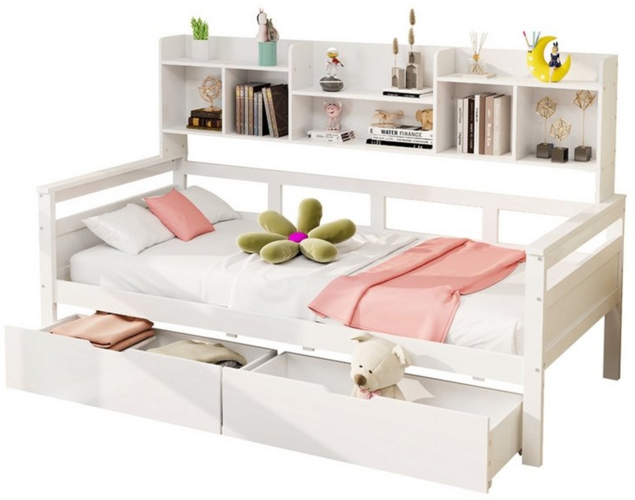 OKWISH Kinderbett Einzelbett Holzbett Daybett Tagesbett Schlafsofa (mit Stauraum – Kinderbett mit Schubladen, Regalen & Lattenrost – Elegantes graues Design, für Kinderzimmer & Jugendzimmer, robust & platzsparend), ohne Matratze Bild 1