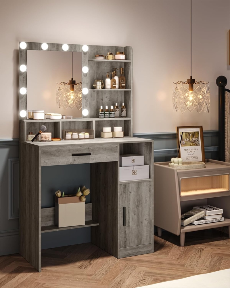 Schminktisch mit Spiegel und 10 LED-Leuchten, Schminkkommode mit 3 Ablagen & 4 offenen Fächern, Schminktisch mit Großer Schublade & Schrank, 3 Einstellbare Beleuchtungsstärken Greige Bild 1