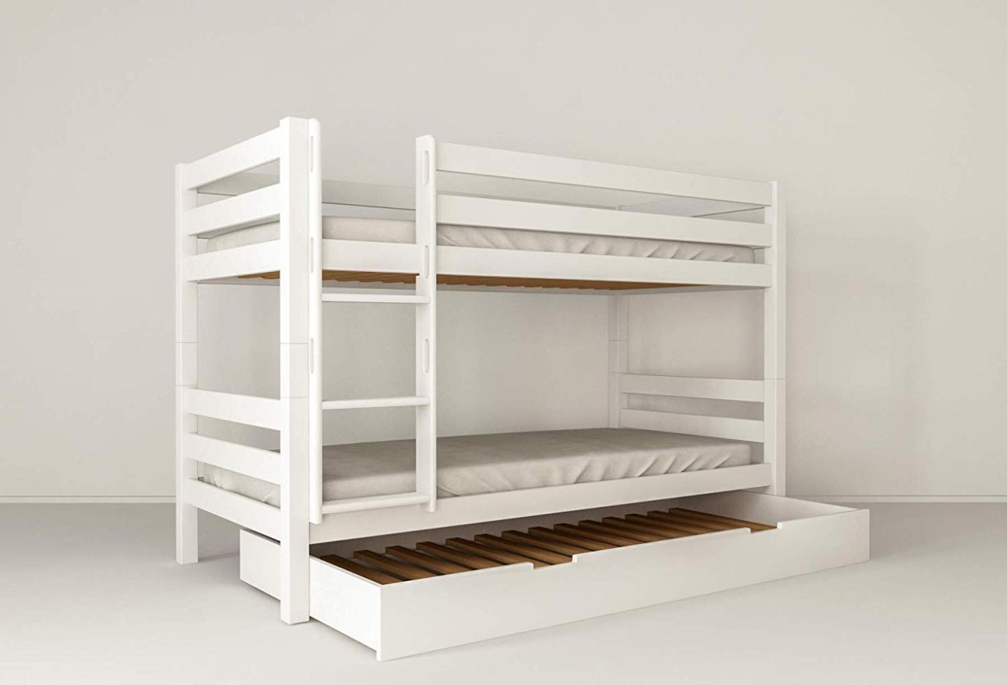 Polini-Kids 'Mark' Etagenbett mit Zusatzbett-Bettkasten, massives Buchenholz weiß, 90x200 cm Bild 1