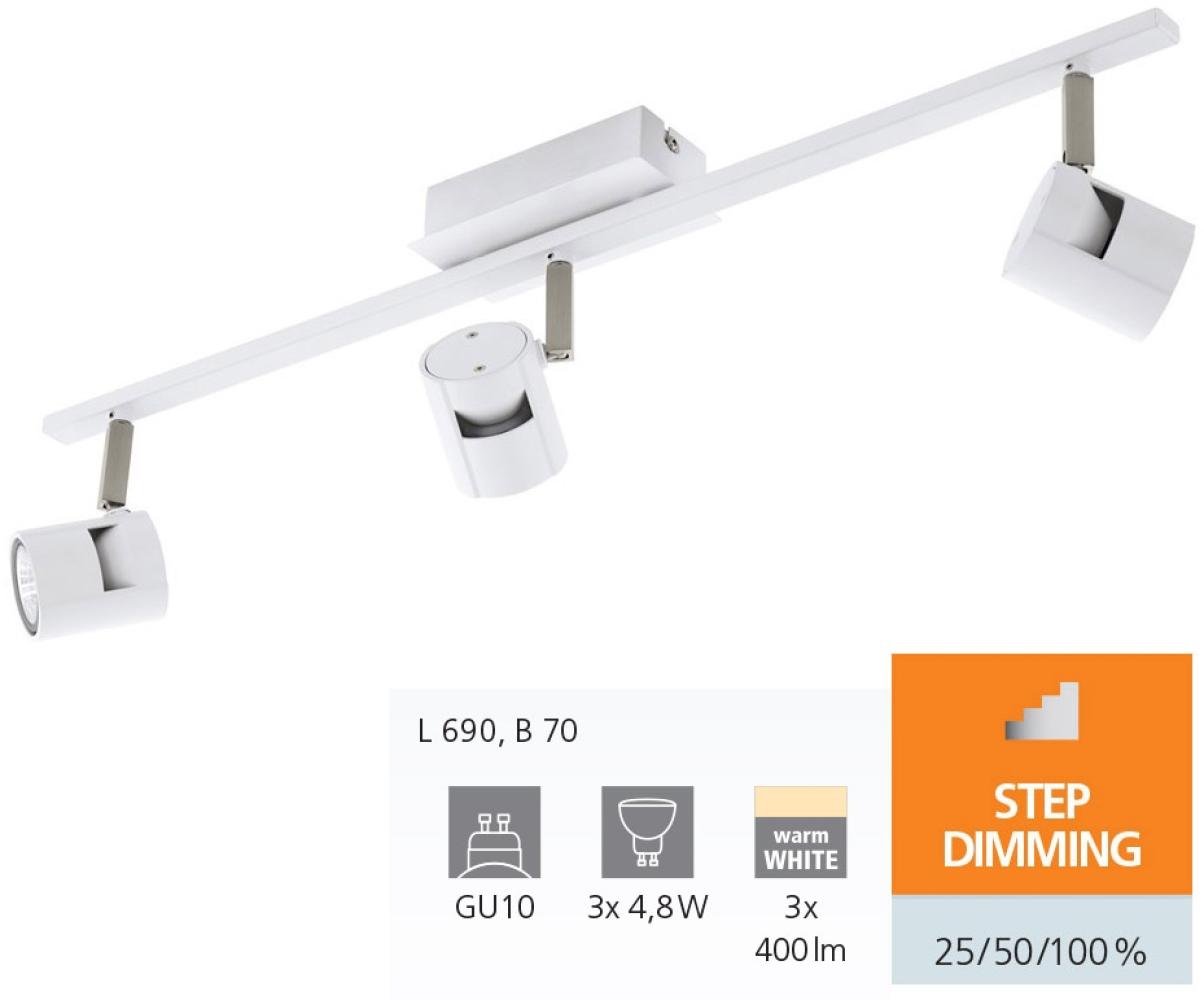 Eglo 97508 LED VERGIANO Alu, Stahl weiß, nickel-matt L:69cm B:7cm GU10 3X4,8W 3-Stufen dimmbar Bild 1