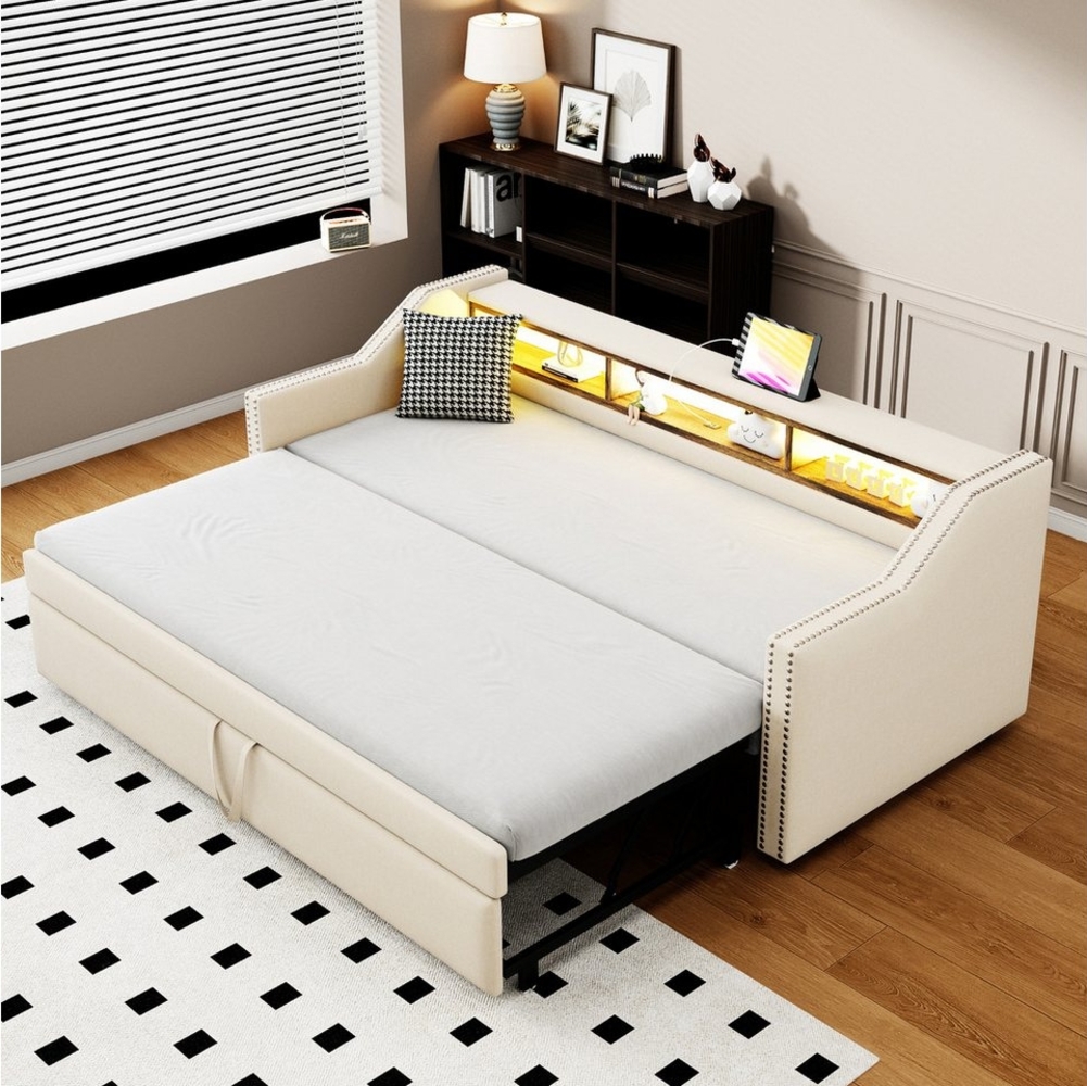 OKWISH Schlafsofa Polsterbett,mit USB-Anschluss, LED-Beleuchtung, Polsterbett Ausziehbares Schlafsofa,mit USB-Anschluss, LED-Beleuchtung, Multifunktionalen Staufächern & Lattenrost, mit Relaxfunktion Bild 1