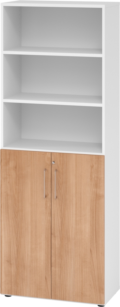 bümö Aktenregal & Schrank abschließbar, Büroschrank Regal Kombination Holz 80cm breit in Weiß/Nussbaum - abschließbarer Schrank für's Büro & Arbeitszimmer, Büro Möbel Ordnerschrank, 968T3-W-N-BS Bild 1