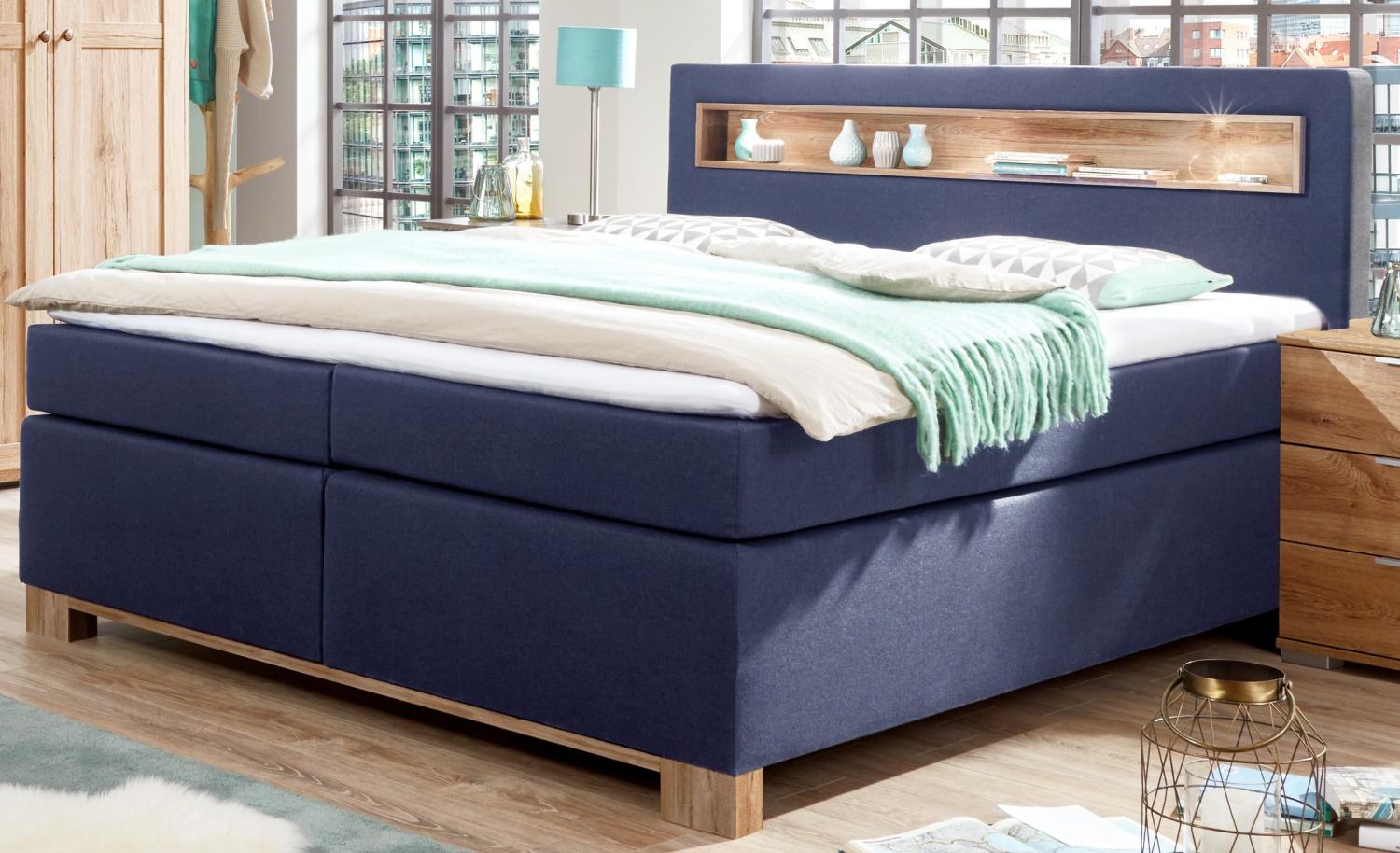Wimex Boxspringbett Nevada, Bonellfederkernmatratze, Blau/Plankeneiche Bild 1