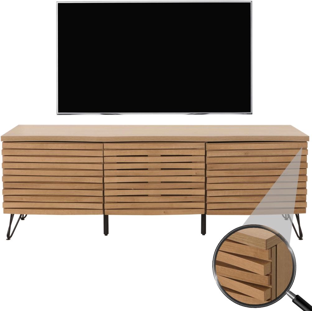 TV-Rack HWC-M49, Lowboard TV-Schrank, 3D-Design Staufächer, Massiv-Holz Mango Metall 52x142x44cm ~ natur Bild 1