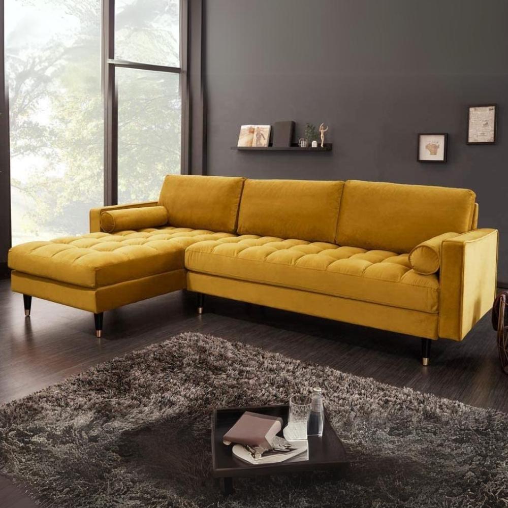 Ecksofa 260cm Ottomane beidseitig COMFORT senfgelb Samt Federkern Design Elegant Lounge Bild 1