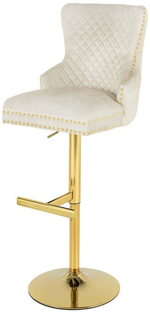 riess-ambiente Barhocker CASTLE DELUXE beige / gold · Barstuhl aus Samt mit Löwenkopf & Nieten (Einzelartikel, 1 St), Tulpenfuß aus Edelstahl in Gold-Optik · Bezug in Chesterfield-Design Bild 1
