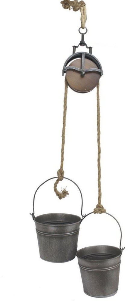 Metalleimer mit Umlenkrolle Deko Set Silber Grau MB27 Seil Dekoration Pflanztopf Pflanzen Blumentopf Kübel Seilwinde Wassereimer Bild 1