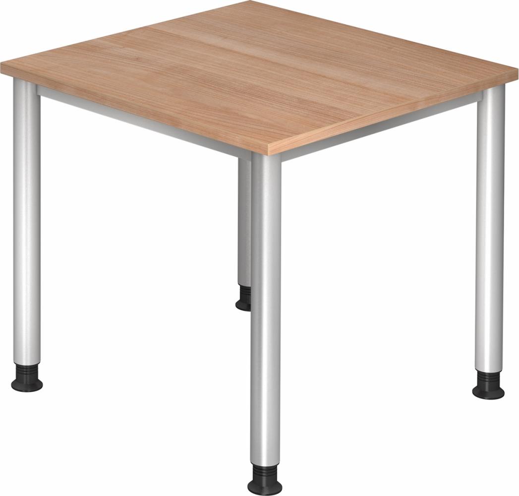 bümö höhenverstellbarer Schreibtisch H-Serie 80x80 cm in Nussbaum, Gestell in Silber - PC Tisch klein für's Büro manuell höhenverstellbar, Computertisch verstellbar, HS-08-N Bild 1