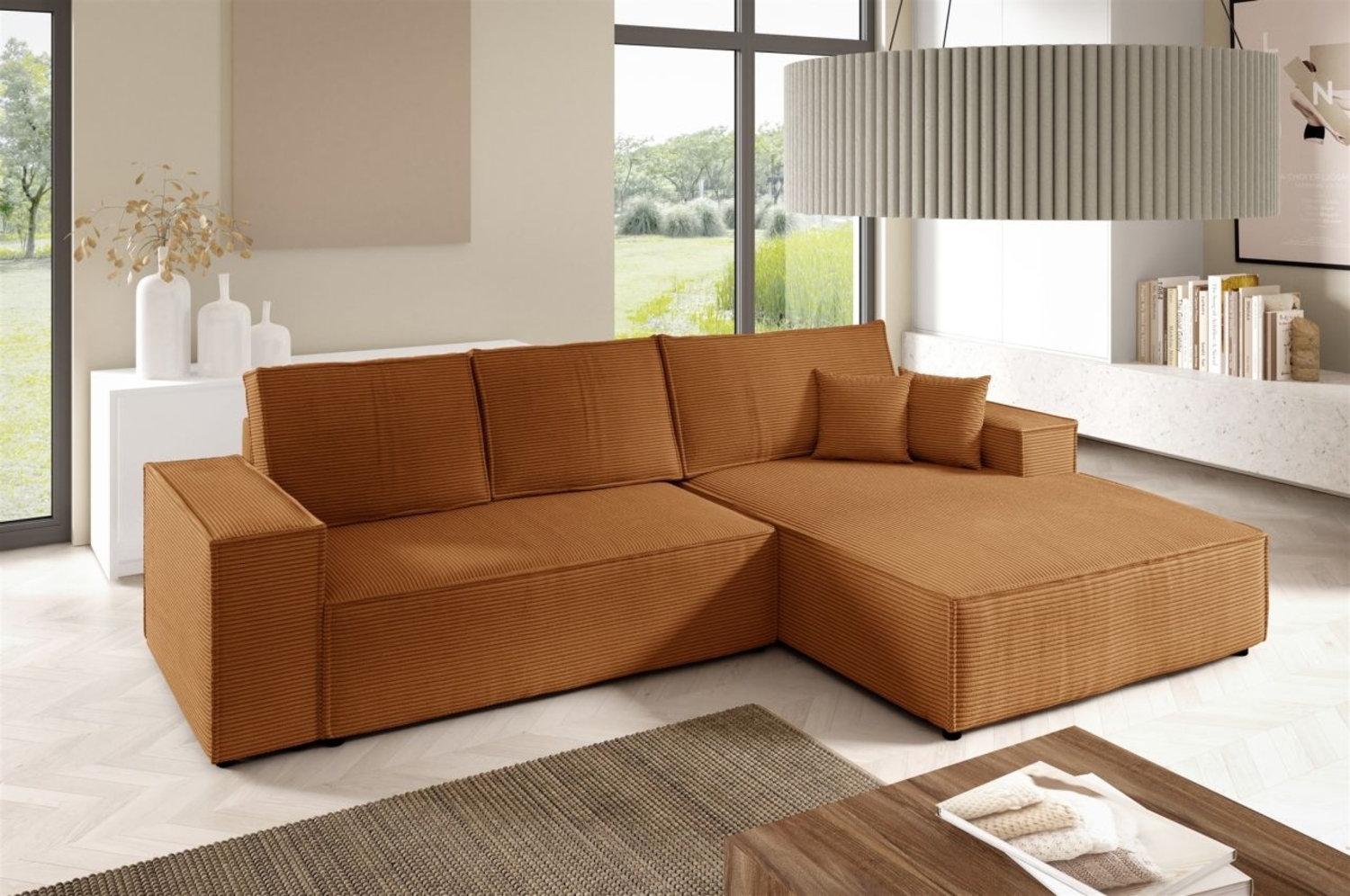 Ecksofa Schlafsofa CORUNIA Stoff Poso Rostbraun Ottomane Rechts Bild 1