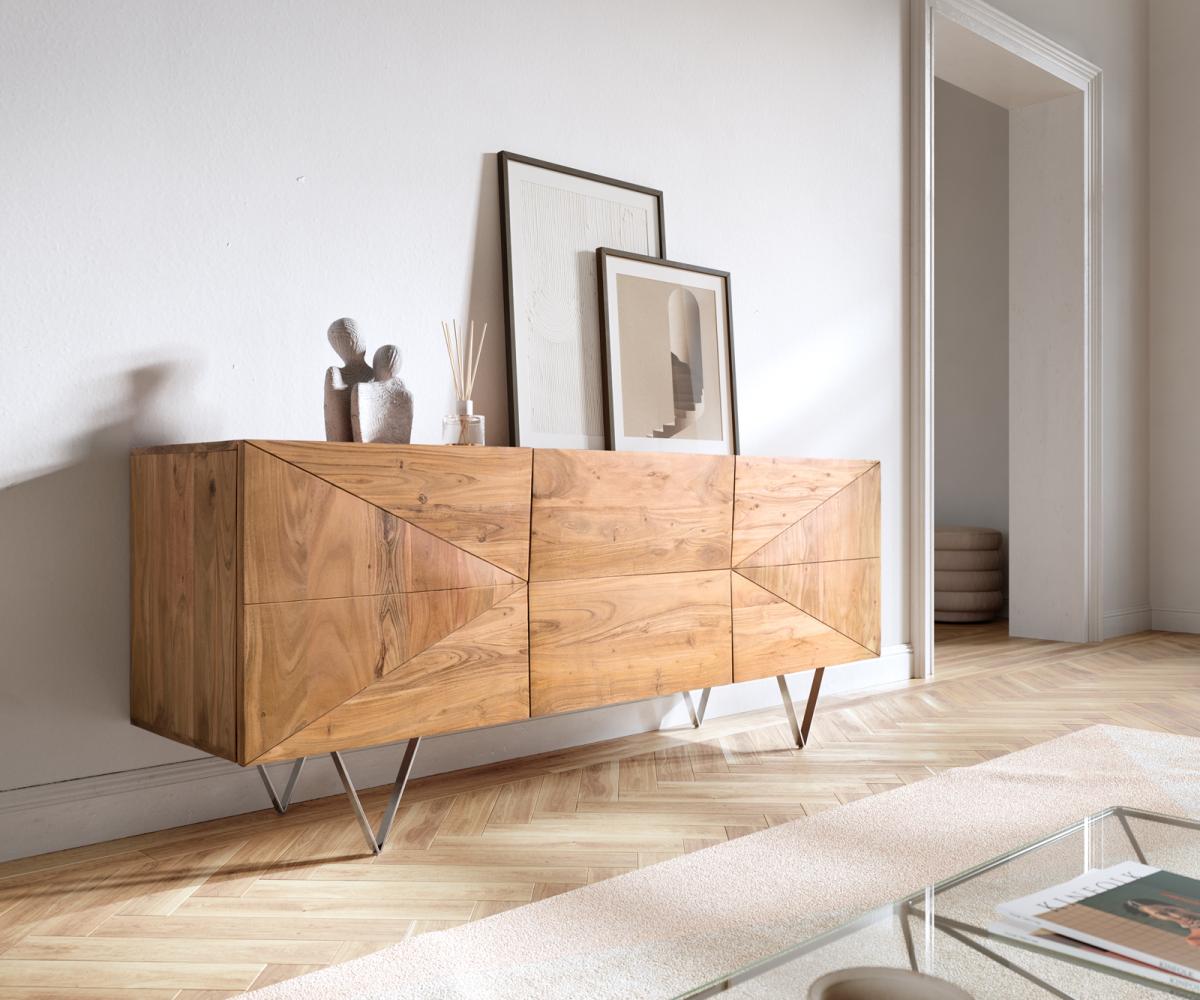 Design-Sideboard Wyatt 175 cm 3D Optik mittig Akazie Natur Edelstahl Bild 1