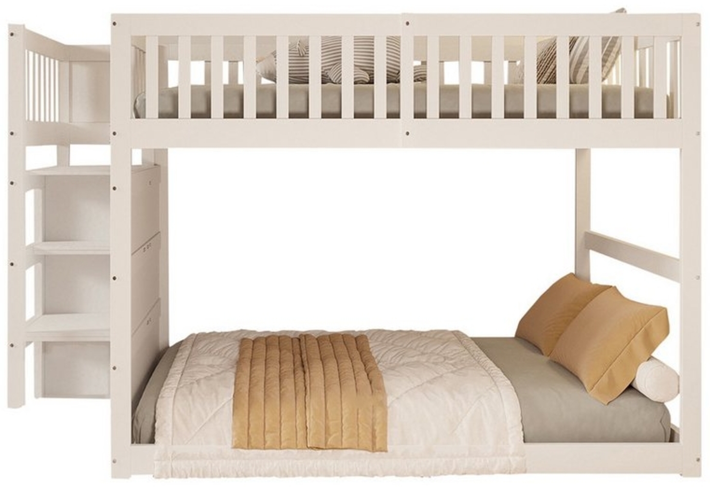 OKWISH Etagenbett Kinderbett Holzbett Gästebett Stauraumbett (mit hohem Zaun und integriertem Staufach, 140x200 cm), ohne Matratze Bild 1