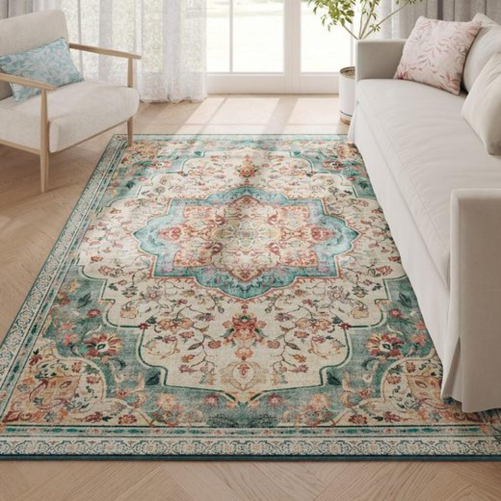 SONGMICS HOME Teppich, 153 x 214 cm, Wohnzimmerteppich, Rutschfester Teppich, traditioneller Vintage-Stil, für Wohnzimmer, Küche, Flur, Esszimmer, maschinenwaschbar, aquamarinblau Bild 1