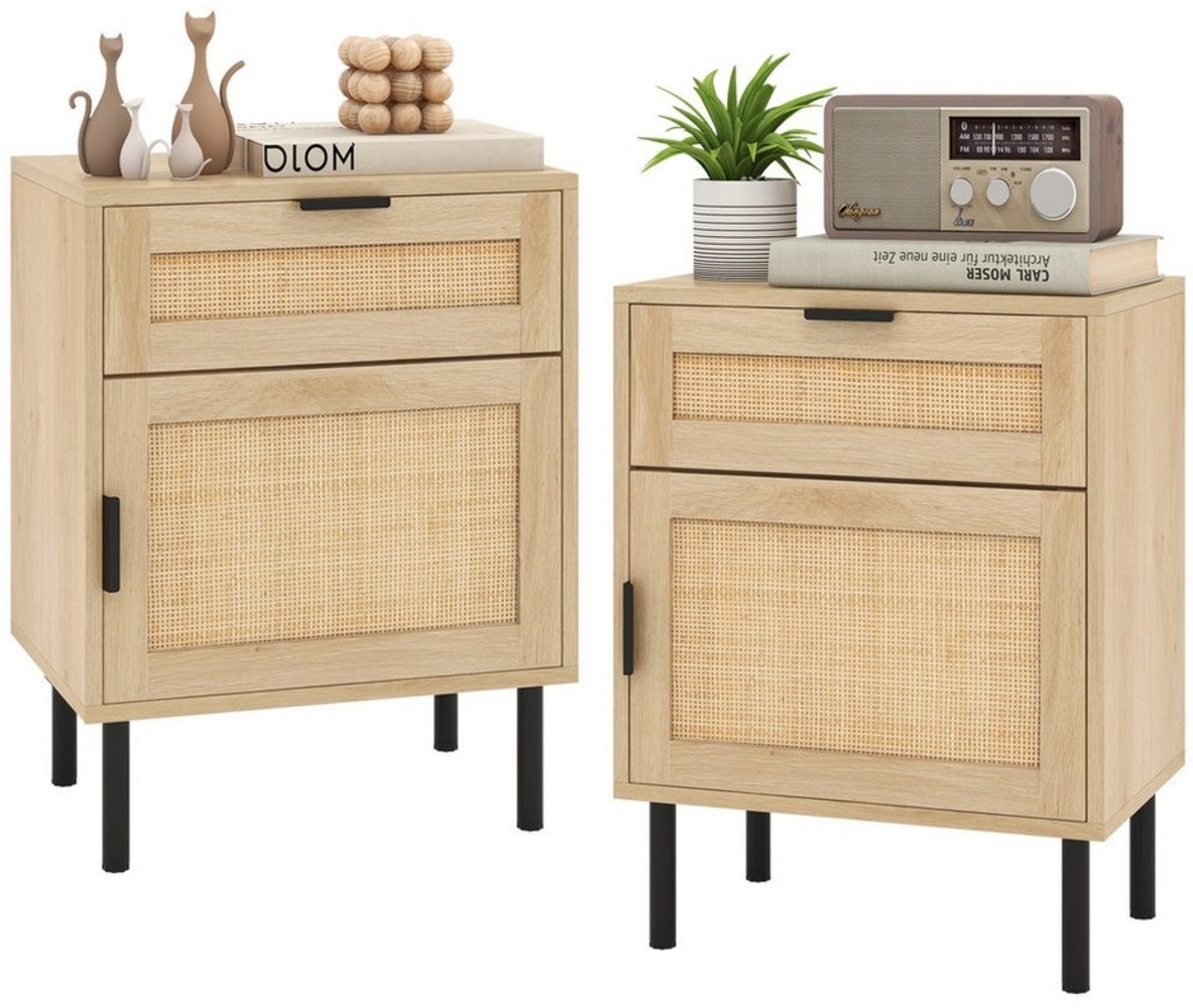 COSTWAY Nachttisch (2-St), Rattan Beistelltisch, Sofatisch, mit Schublade & Schrank Bild 1