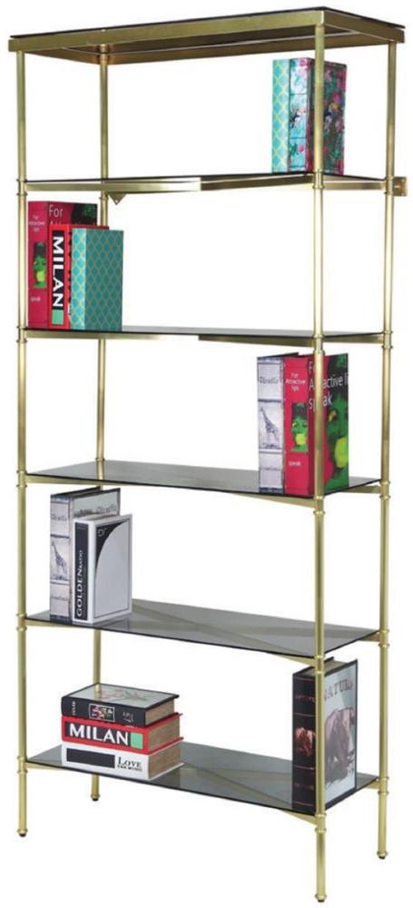 Casa Padrino Luxus Metall Regalschrank mit Glasregalen Gold / Grau 118 x 42 x H. 216 cm - Bücherschrank - Wohnzimmer Schrank - Büro Schrank - Wohnzimmer Möbel - Büro Möbel - Luxus Möbel Bild 1