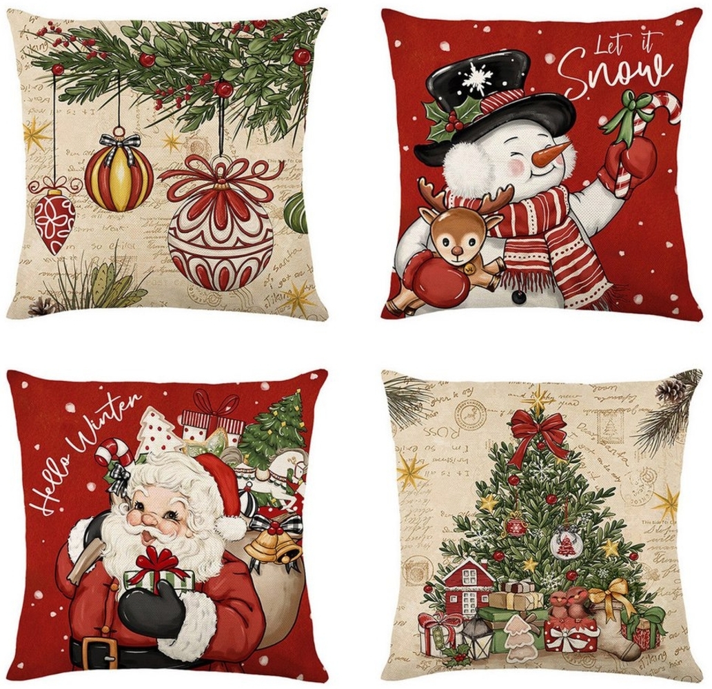 Coonoor Kissenbezug Weihnachtsdekoration Kissenbezüge 45x45 cm, (4 Stück), Weihnachts Cartoon Kissenbezüge Bild 1
