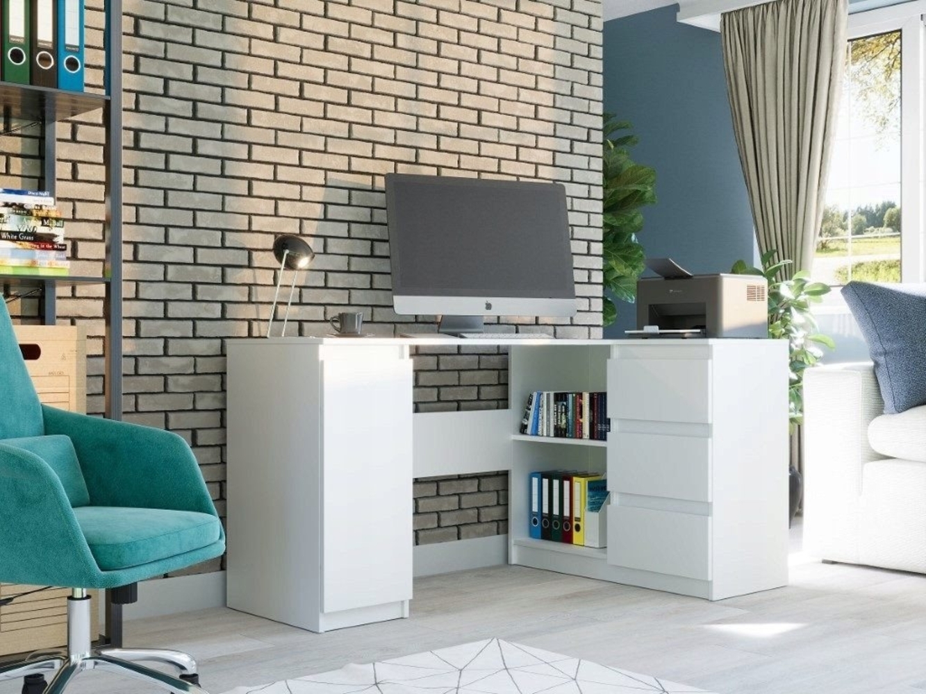 Home Collective Eckschreibtisch mit 3 Schubladen, 1 Tür und Einlegeboden, 150x87x76 cm, Weiß Bild 1