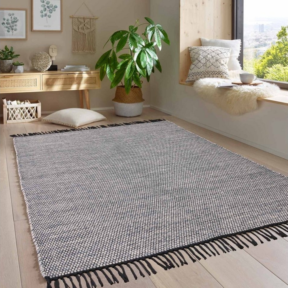 TaraCarpet Wollteppich Handwebteppich Borkum 100% Baumwolle, rechteckig, Höhe: 5 mm, gewebt Baumwolle grau nachhaltig modern Wohnzimmer Küche 080x150 cm Bild 1