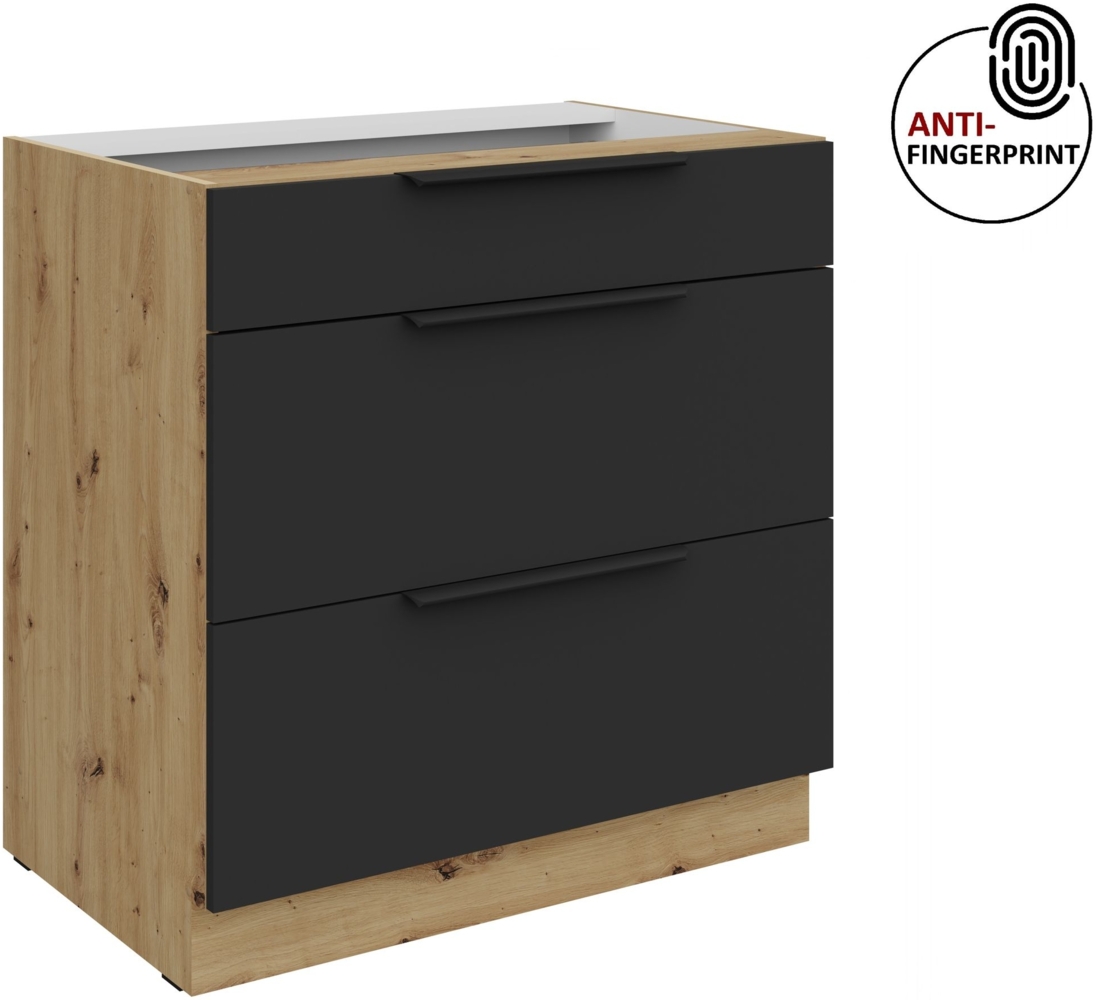 Küchen Unterschrank 80 cm Küche ARIA Schwarz ultra matt + Eiche Artisan matt, hochwertige Fronten mit Anti Fingerprint Beschichtung, Soft-Close Küchenzeile Küchenblock Bild 1