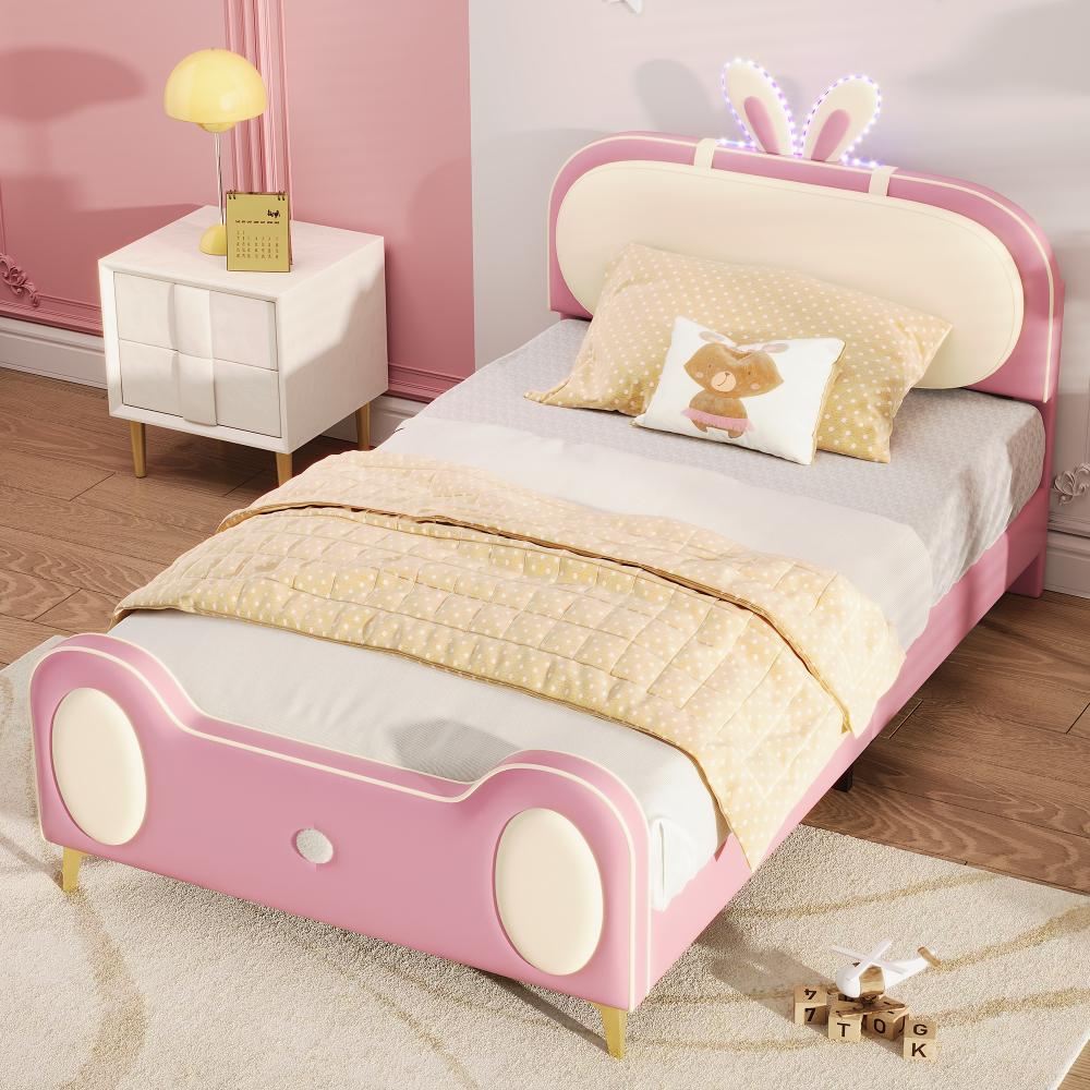 Merax Polsterbett Kinderbett Einzelbett 90x200cm mit LED-Streifen und Hasenohr Kopfteil, Beige+Rosa Bild 1