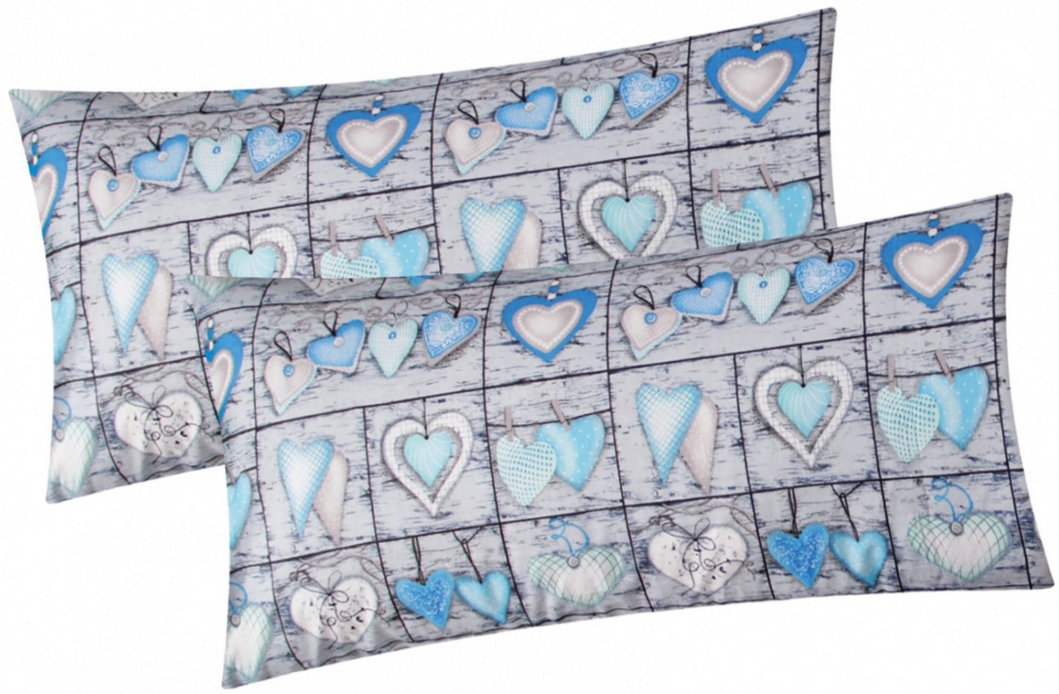 Heubergshop Kissenbezug, (2 Stück), 2er Set 40x80cm Herzen Landhaus Blau Kissenhülle Baumwolle (358/2) Bild 1