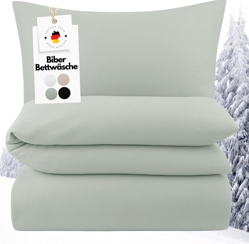 Carpe Sonno Bettwäsche Biber Bettwäsche Salbeigrün Uni aus 100% Baumwolle, Biber, 2 teilig, MADE IN GERMANY - Flauschige Feinbiber Winterbettwäsche Grün 135 x 200 Bild 1