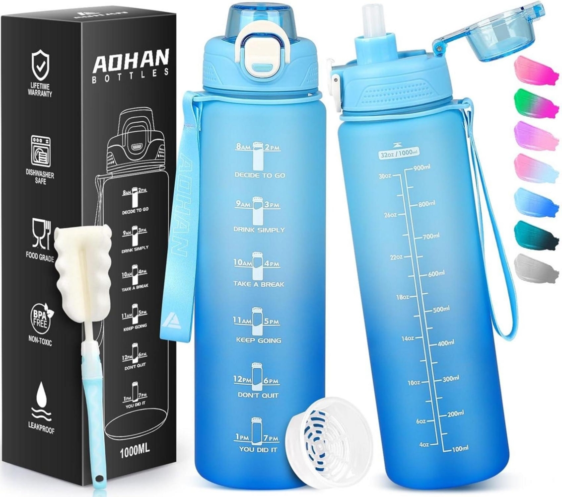 AOHAN Trinkflasche Sport 1l, Wasserflasche Tritan BPA-Frei mit Strohhalm und Bild 1