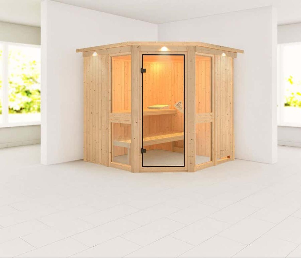 Karibu Sauna Amelia Innensauna 2 Sitzbänke aus Holz mit 68 mm Wandstärke, ohne Ofen, Ausführung: Ohne Dachkranz, B 196 x T 170 x H 198 cm Bild 1