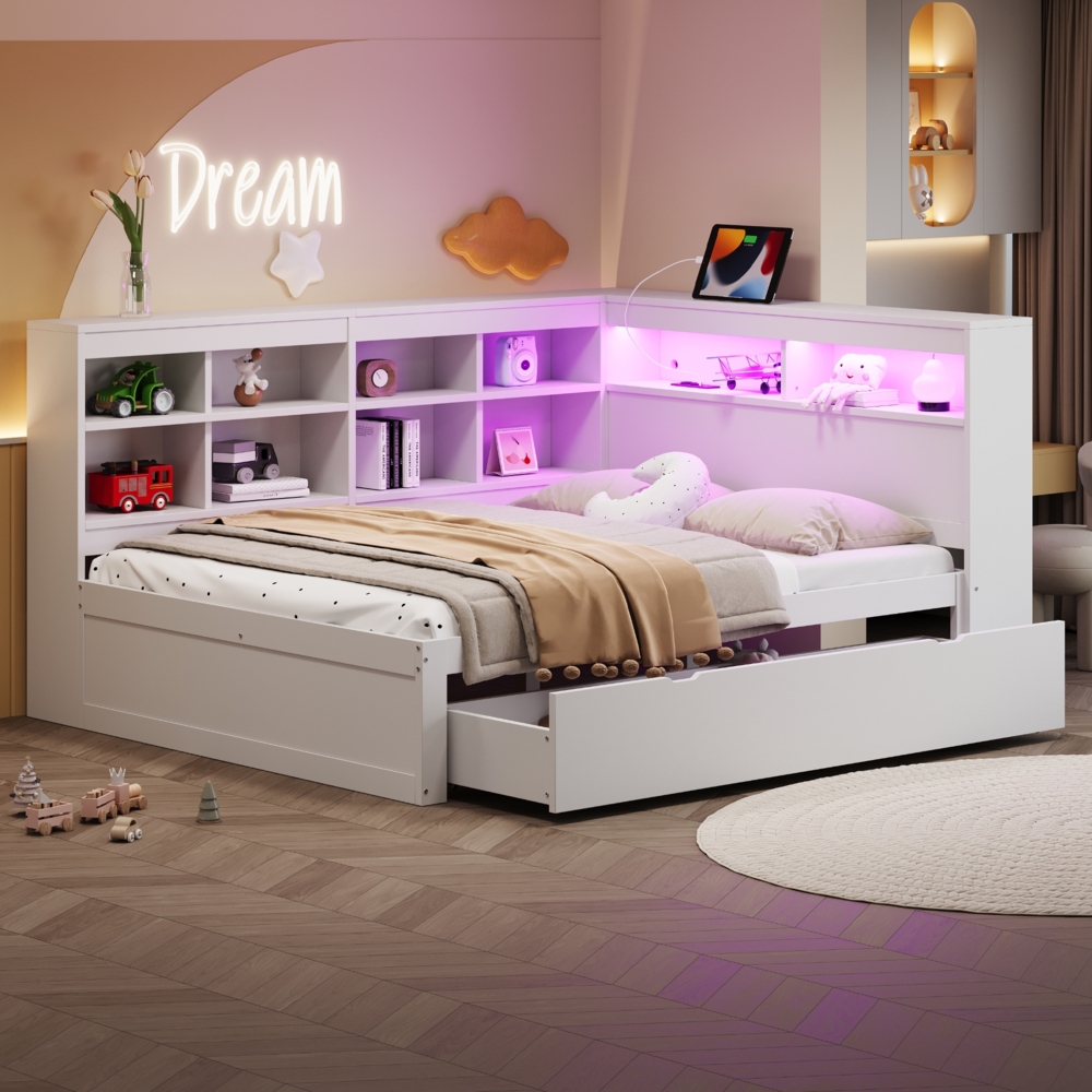 Merax Doppelbett Daybett Massivholzsofa 140*200cm, mit Schubladen, mit USB-Steckdose und LED-Lichtleiste, multifunktionales Doppel-Holzbett, Weiß Bild 1