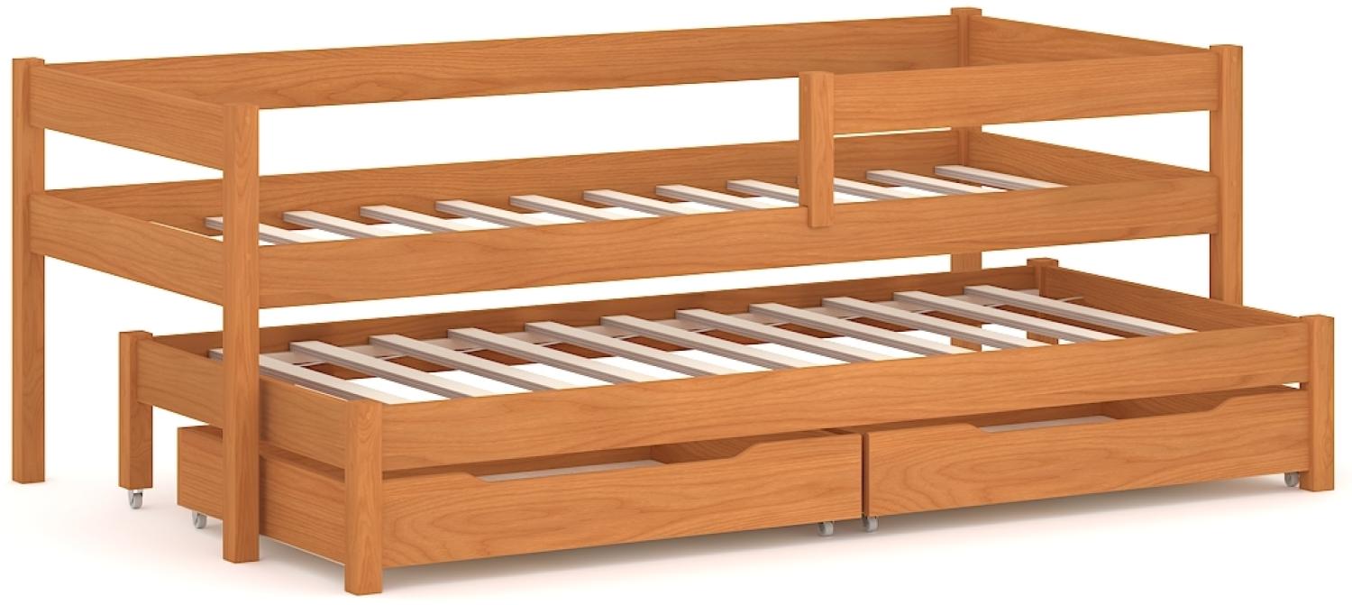 WNM Group Kinderbett Ausziehbar JULA mit Rausfallschutz und Lattenrost - Bett mit Schubladen - Ausziehbett fr Jugendliche - Jugendbett - Funktionsbett - Teak - 80x160 70x150 Bild 1